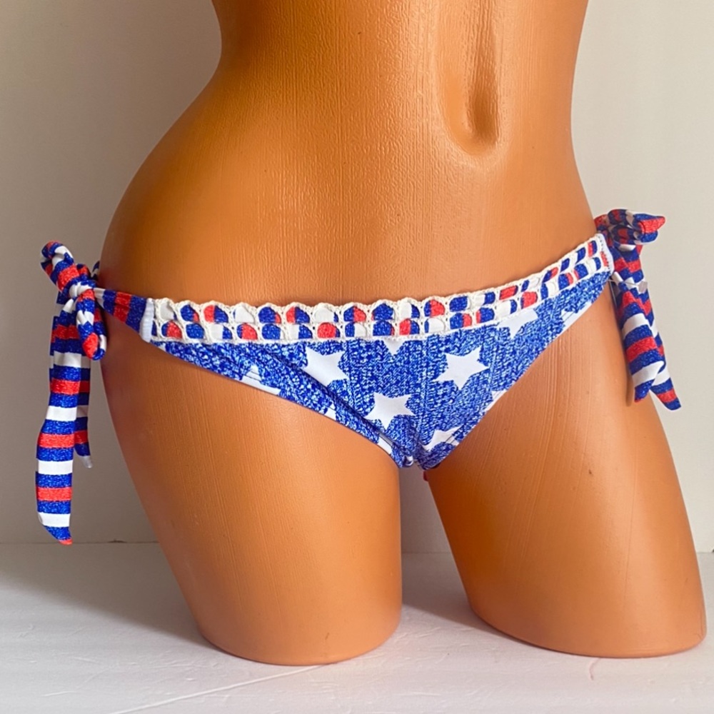 HEAT Swimwear Americana Strappy Side Tie Bikini Bottom USA Patriotic Blue NEW